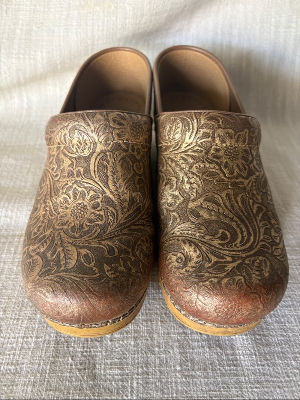 Dansko Brown Metallic Floral Tooled Leather Clogs - Picture 2 of 7